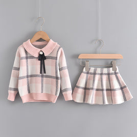 Pink Plaid Knitwear Skirt Set